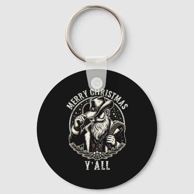 Cowboy Santa Claus Merry Christmas Y'all Western C Key Ring (Front)