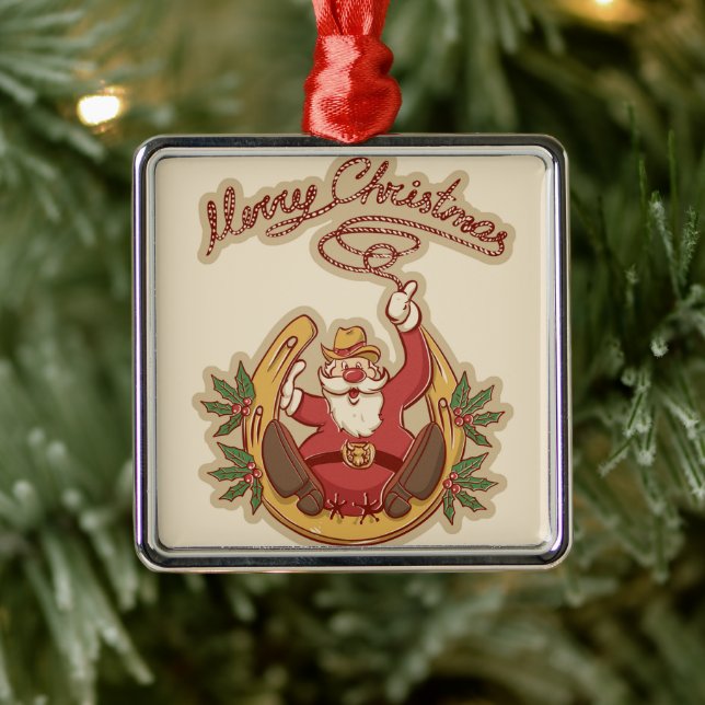 Cowboy Santa Claus Metal Ornament (Tree)