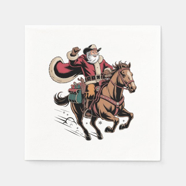 Cowboy Santa Claus Riding A Horse Christmas  Napkin (Front)