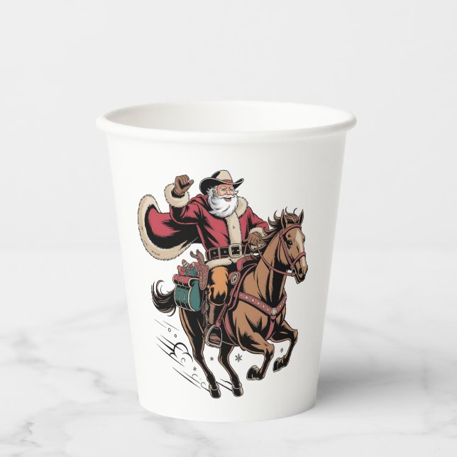 Cowboy Santa Claus Riding A Horse Christmas  Paper Cups (Front)