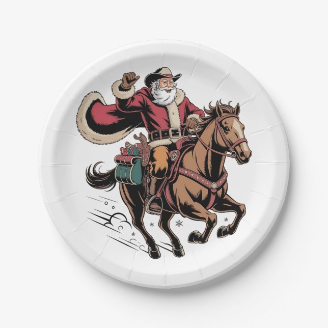 Cowboy Santa Claus Riding A Horse Christmas  Paper Plate (Front)