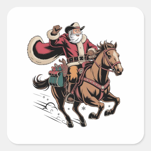 Cowboy Santa Claus Riding A Horse Christmas  Square Sticker (Front)