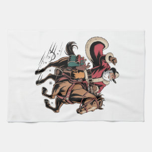 Cowboy Santa Claus Riding A Horse Christmas  Tea Towel