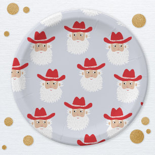 Cowboy Santa Claus Western Christmas Blue Paper Plate