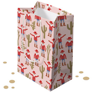 Cowboy Santa Claus Western Christmas Pink Medium Gift Bag
