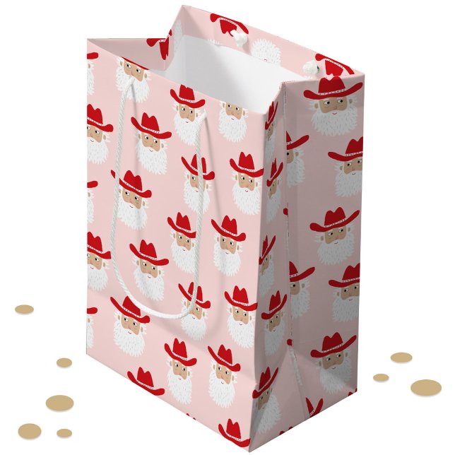 Cowboy Santa Claus Western Christmas Pink Medium Gift Bag (Fun Cowboy Santa Claus Western themed Christmas Holiday gift bag)