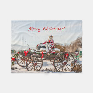 Cowboy Santa - Wagon with Hay Bales Fleece Blanket