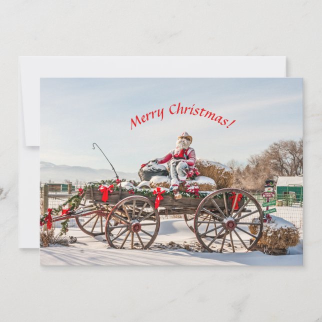 Cowboy Santa - Wagon with Hay Bales Holiday Card (Front)