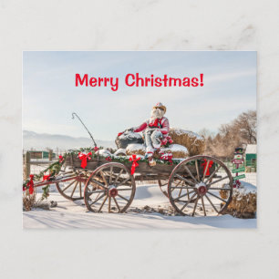 Cowboy Santa - Wagon with Hay Bales Holiday Postcard