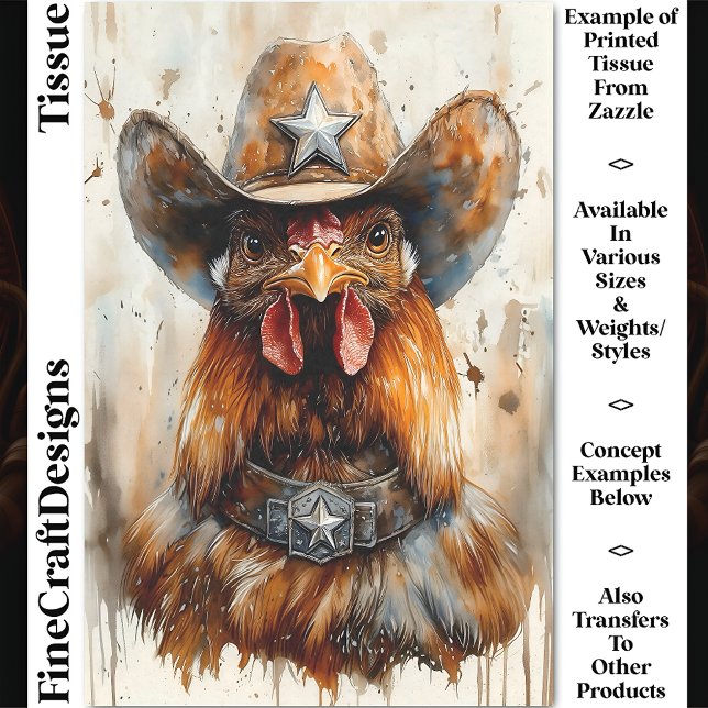 Cowboy Sheriff Rooster In Hat & Star DD8 Decoupage Tissue Paper (Creator Uploaded)