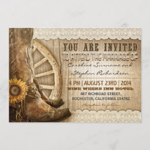cowboy shoes sunflowers brown wood wedding invites