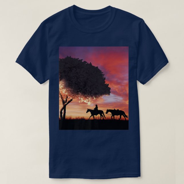 Cowboy Silhouette And Japanese Sakura Cherry Bloss T-Shirt (Design Front)