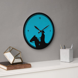 Cowboy Silhouette on Turquoise Large Clock