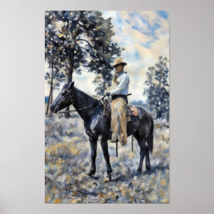 cowboy sitting on horse painting western art poster