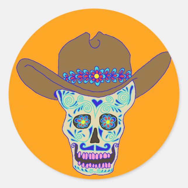 cowboy skull, Dia de los Muertos Classic Round Sticker (Front)