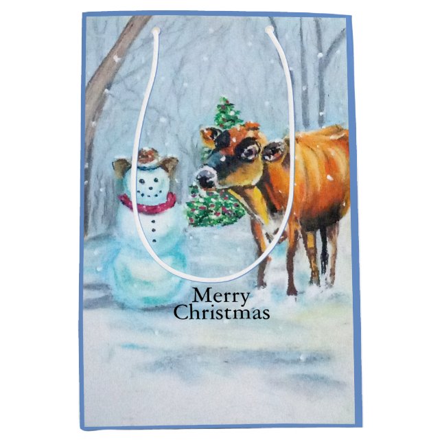 Cowboy Snowman & Cow Christmas Medium Gift Bag (Front)