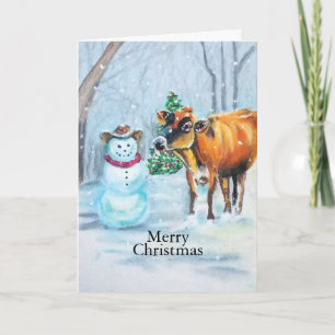 Cowboy Snowman & Cow Christmas Winter Scene Holiday Card