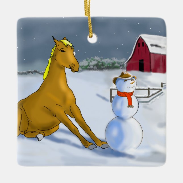 Cowboy Snowman & Horse Christmas Ornament (Front)