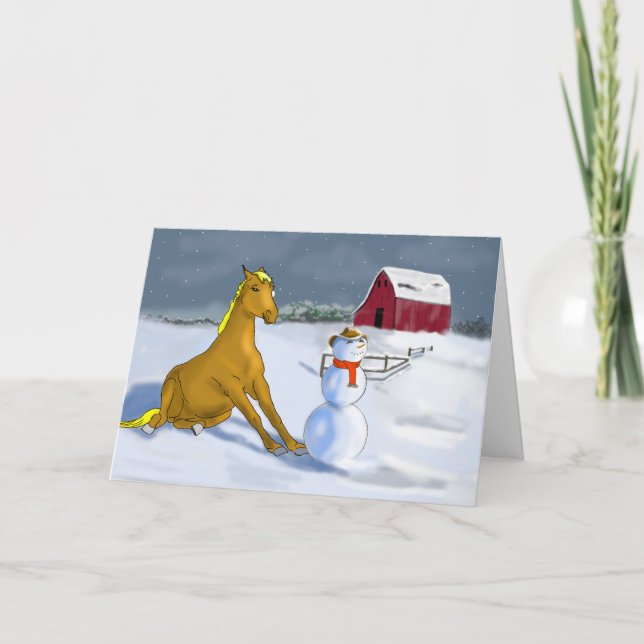 Cowboy Snowman & Horse Christmas Winter Scene Holiday Card (Front)