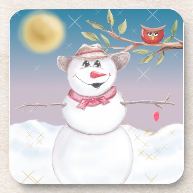 Cowboy Snowman & Owl Winter Scene Coaster (Front)