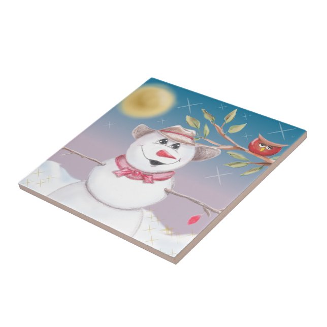 Cowboy Snowman & Owl Winter Scene Tile (Side)