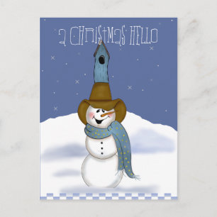 Cowboy Snowman with Birdhouse Holiday Postcard