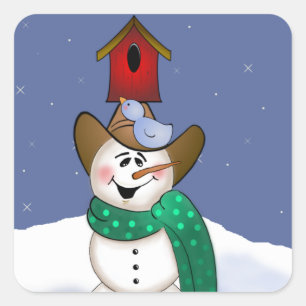 Cowboy Snowman with Birdhouse Square Sticker