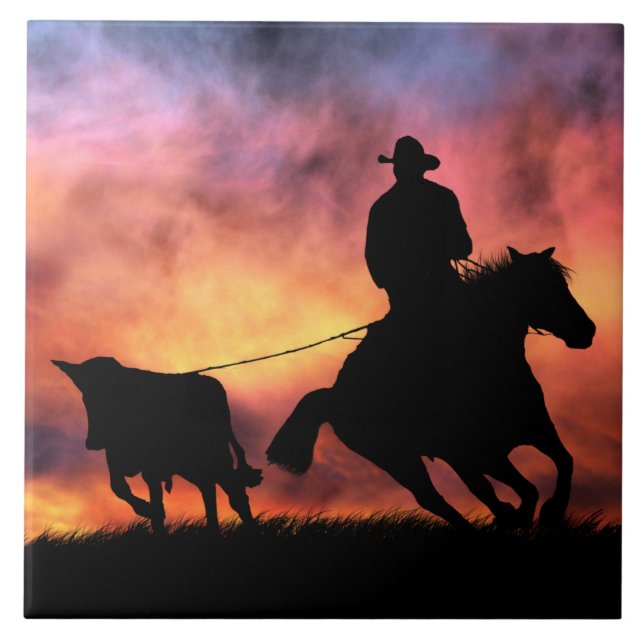 Cowboy Steer Roping in Sunset Ceramic Tile (Front)