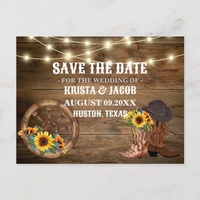 Cowboy Sunflower Western Wedding Save The Date Postcard (Front)