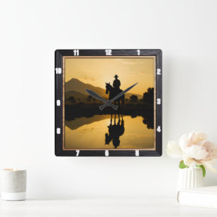 Cowboy Sunset Horseback Reflection  Square Wall Clock