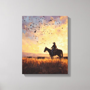 Cowboy Sunset Ride Silhouette Painting Canvas Print