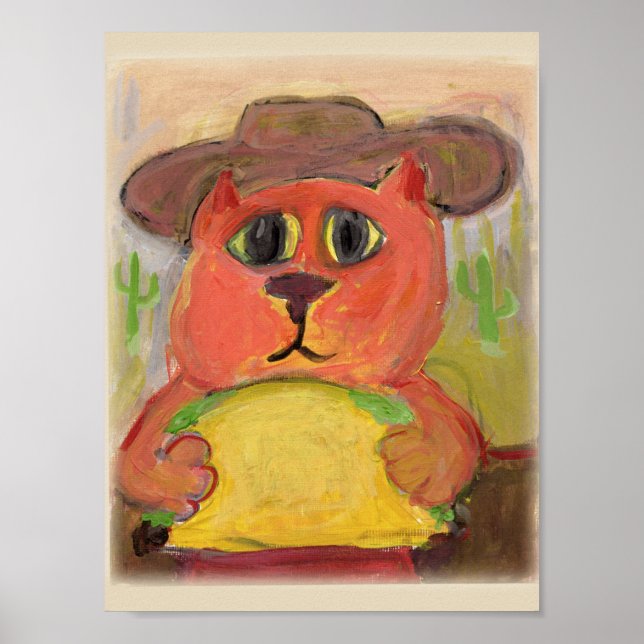 Cowboy Taco Cat Folk Painting Poster (Front)