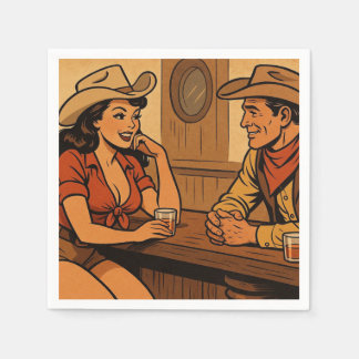 cowboy talking to cowgirl at the saloon bar napkin