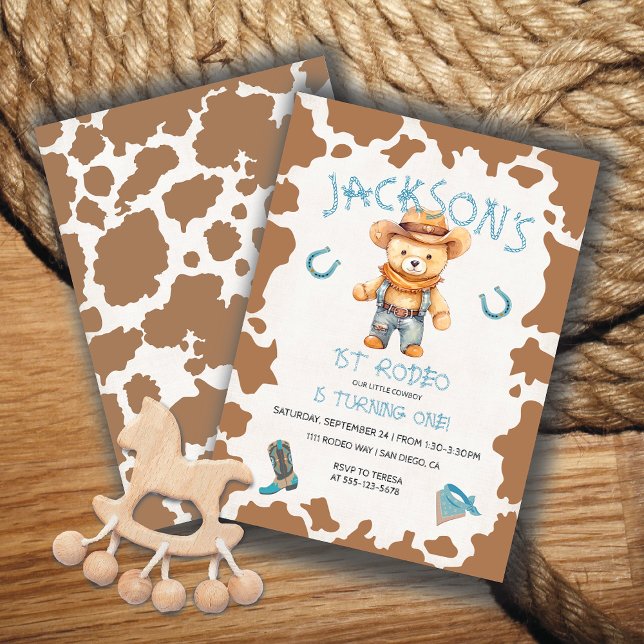 Cowboy Teddy Bear 1st Rodeo Cow pattern Birthday Invitation (Creator Uploaded)