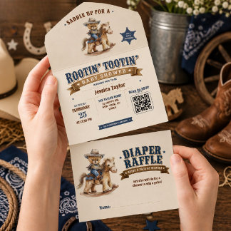 Cowboy Teddy Bear Baby Shower QR Diaper Raffle All In One Invitation
