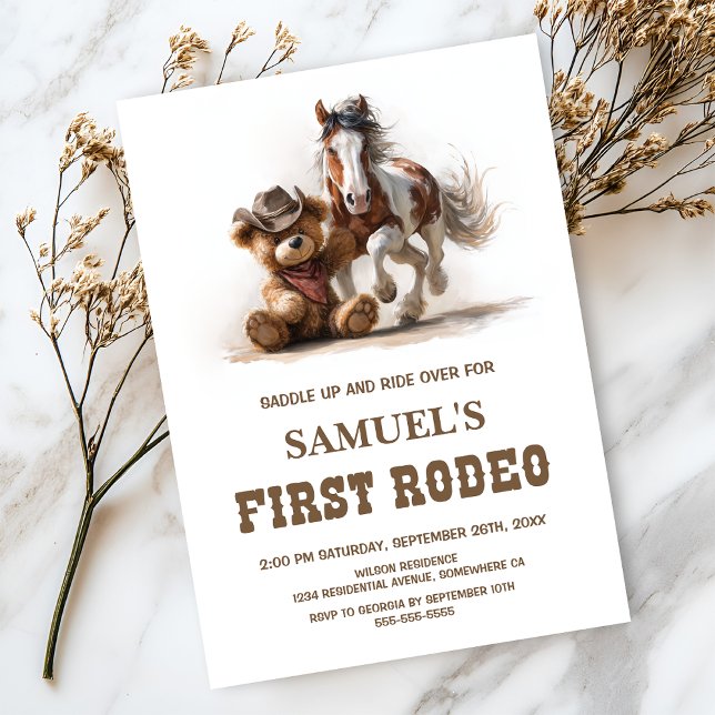 Cowboy Teddy Bear First Rodeo Birthday Party Invitation (Creator Uploaded)