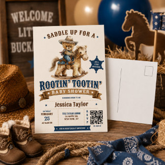 Cowboy Teddy Bear Western QR RSVP  Baby Shower  Postcard