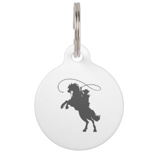 cowboy throwing lasso riding rearing up horse pet tag