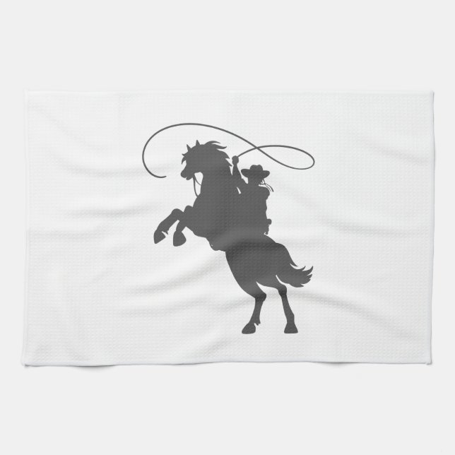 cowboy throwing lasso riding rearing up horse tea towel (Horizontal)