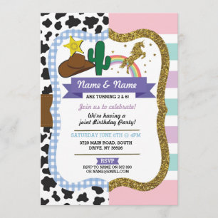 Cowboy & Unicorn Boys Girls Birthday Invites