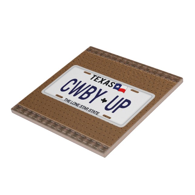 Cowboy Up!  CWBY UP Texas License Plate Ceramic Tile (Side)