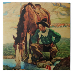 Cowboy Watering His Horse by NC Wyeth Ceramic Tile