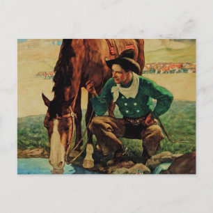 Cowboy Watering His Horse by NC Wyeth Postcard