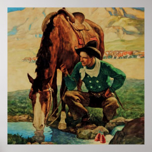 Cowboy Watering His Horse by NC Wyeth Poster