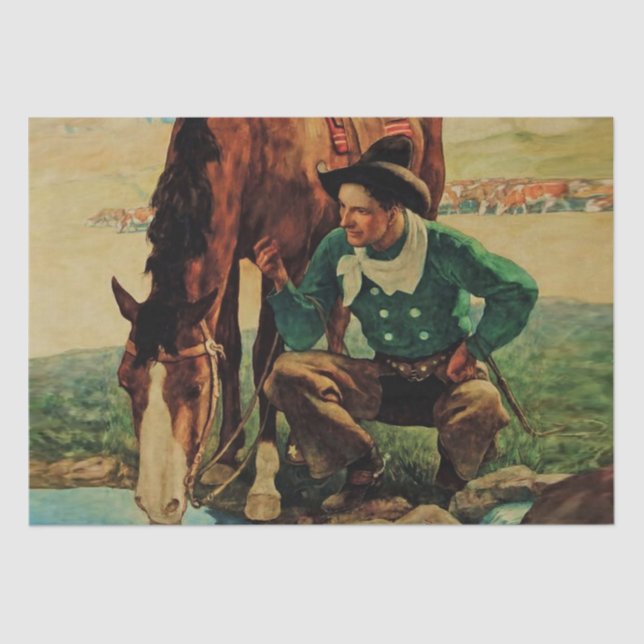 Cowboy Watering His Horse by NC Wyeth Tissue Paper (Front)
