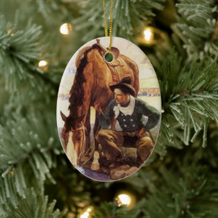 Cowboy Watering His Horse by NC Wyeth, Vintage Art Ceramic Tree Decoration