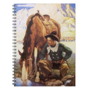 Cowboy Watering His Horse by NC Wyeth, Vintage Art Notebook