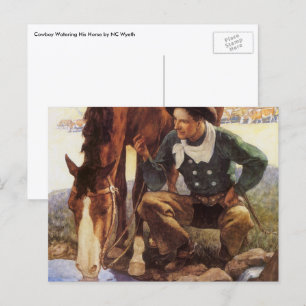 Cowboy Watering His Horse by NC Wyeth, Vintage Art Postcard