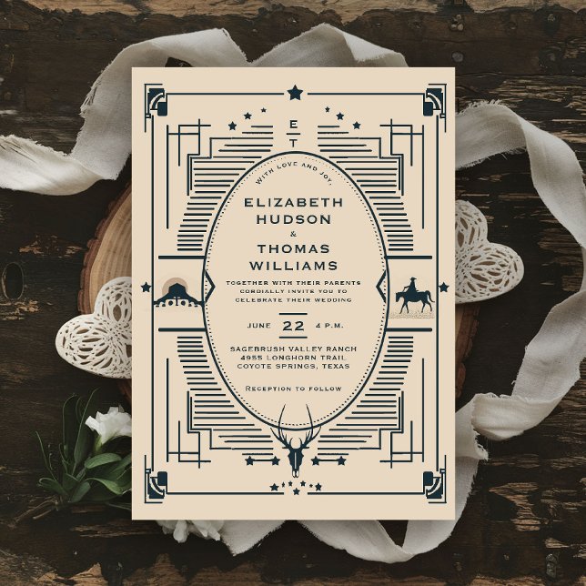 Cowboy Wedding Rustic Vintage Western Country Invitation (western wedding invitation cowboy cowgirl country rustic ranch barn outdoor vintage southwest desert)
