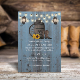 Cowboy Wedding Sunflower Lantern Dusty Blue Wood Invitation